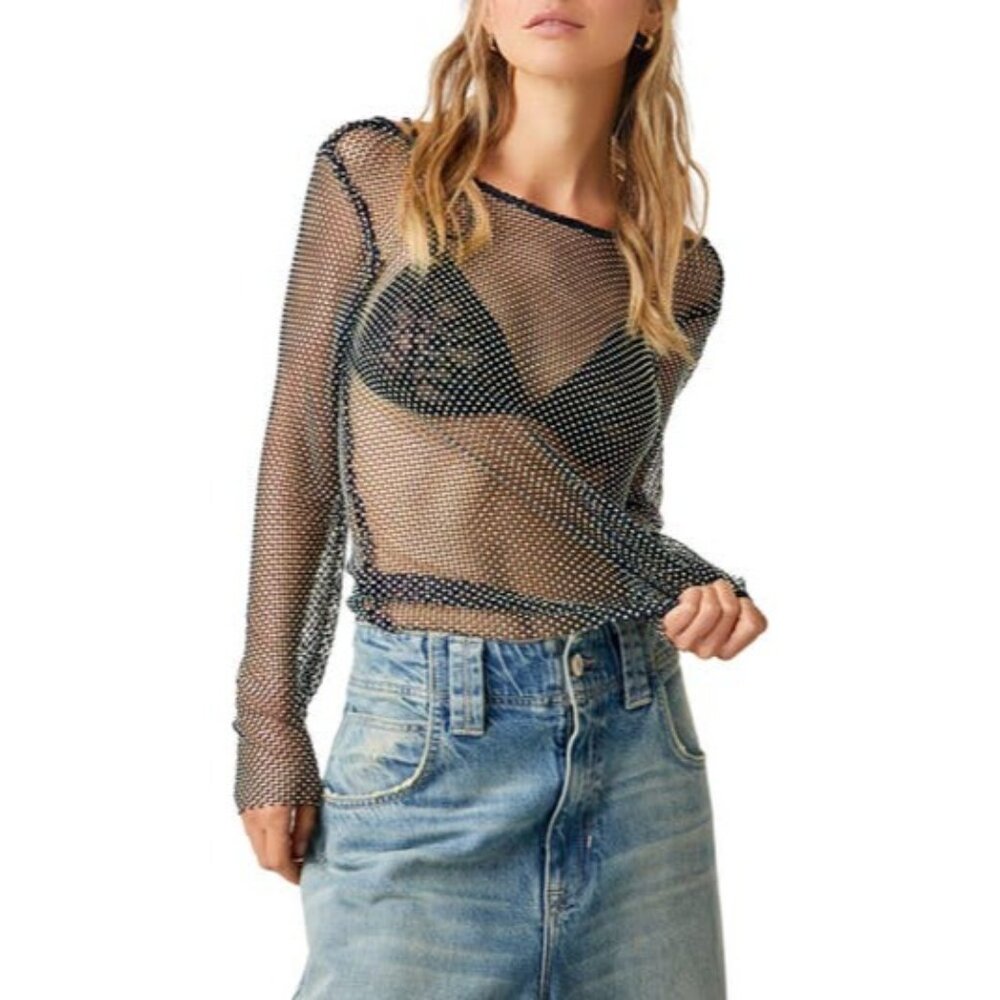 NWT Free People Rhinestone Sheer Mesh Scooped Back Top S| Sirencore Indie Sleaze